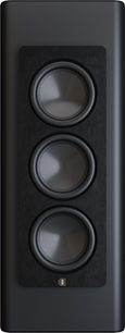 Čierny subwoofer Perlisten D3is, brúsený kovový čelný panel, tri zarovnané basové meniče, pohľad spredu