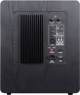 Tonewinner SW-D1000 sort subwoofer set bagfra med forstærkerpanel, køleribber og lydtilslutninger