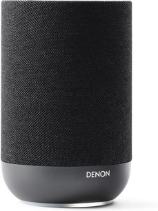 WLAN-Lautsprecher Denon Home 200 in Charcoal-Ausführung, zylindrisches Design mit schwarzem Stoff und glatter, dunkelgrauer Basis