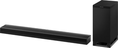 Sort rektangulær Panasonic SC-HTB700EGK soundbar med matchende subwoofer, set forfra på hvid baggrund