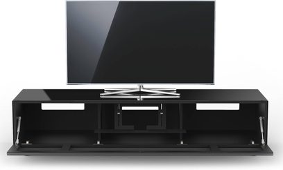 Sort TV-møbel med 3 åbne rum, 2 døre, drejelig TV-holder og plads til fladskærm
