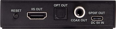 Nuprime BTR-HD zwarte draadloze zender, achterzijde met SPDIF out, Coax out, Opt out, IIS out, Reset, DC 5V in aansluitingen