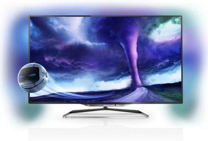 Philips 46PFL8008K fladskærms-TV, frontvisning, billede af en violet og blå hvirvel, smal sølvfarvet ramme, centralt metalfod