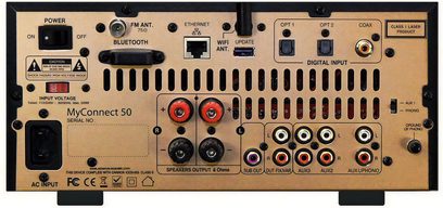 Amplificatore integrato Advance Paris MyConnect 50 nero, pannello posteriore, connettività audio analogica e digitale
