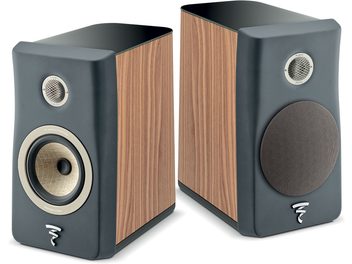 Focal Kanta N°1 boekenplankluidsprekers, notenhout, donkergrijs mat voorpaneel, één met afdekplaat, de andere met getralied tweeter en woofer