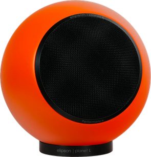 Regálový reproduktor Elipson Planet L Performance matně oranžový, sférický design s černou mřížkou, pohled zepředu