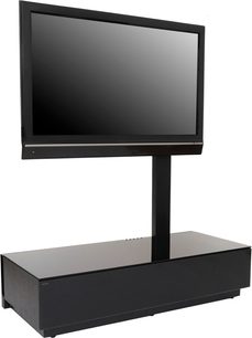 Sort Erard Stiléo box audio-/videomøbel, rektangulær base, fladskærm monteret på lodret stativ, minimalistisk design