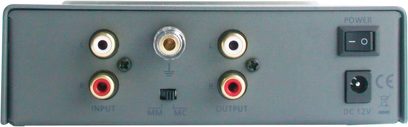 Preamplificatore fonico Real Cable MINI-LP50, pannello frontale grigio con ingressi/uscite RCA, interruttore, LED di alimentazione e regolazione DC 12V