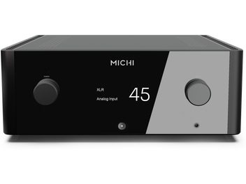 Інтегрований стерео підсилювач Michi X5 Series 2, вид спереду, прямокутний чорний корпус, два круглих кнопки, центральний екран