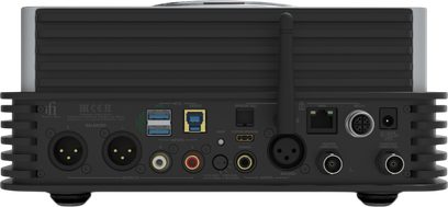 iFi Audio iDSD Phantom hovedtelefonforforstærker set bagfra, sort panel med flere lydindgange og -udgange samt antenne