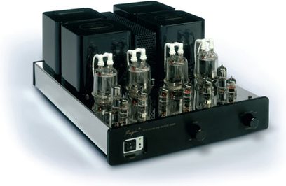 Cayin C 500 MK sort hi-fi stereforstærker, frontvisning, 4 vakuumrør, stik og knapper på forsiden