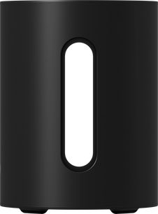 Sonos Sub Mini čierny matný subwoofer, valcovitý tvar so zrezaným vrchom, centrálny oválny otvor, kompaktný