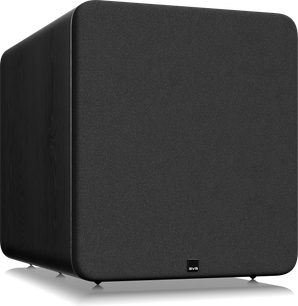 SVS PB-5000 R|Evolution subwoofer sort, front i stof, logo nederst, sider med træstruktur, delvis frontvisning