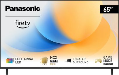 Televizor Panasonic TV-65W90AEG s vysokým rozlišením, 65" displej, pohled zepředu, loga Fire TV, Full Array LED, HCX Pro AI MK II, Theater Surround, Game Mode Extreme