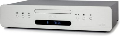 Vysokofrekvenční CD přehrávač Atoll Electronique CD100 Evolution stříbrný, pohled zepředu, stříbrný panel, modrý digitální displej, kulatá tlačítka