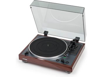 Thorens TD 102 A turntable in glossy walnut wood, with black platter, tonearm, and tilted transparent plexiglass dust cover