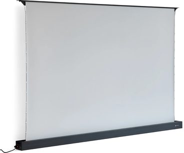 Schermo di proiezione motorizzato Projeo Rise HD 110 bianco con cassonetto nero, vista frontale leggermente in prospettiva