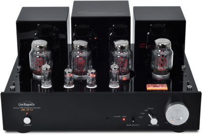 Line Magnetic LM-88IA sort hi-fi rørforstærker, frontvisning, 6 vakuumrør, knapper og stik på forsiden