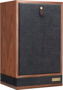Cassa acustica da libreria Fyne Audio Classic VIII SM in legno marrone, griglia in tessuto grigio testurizzato, linguetta in pelle, vista a tre quarti
