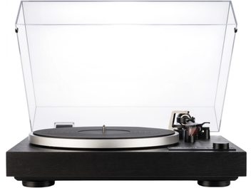 Czarny gramofon hi-fi Dual CS 518 z drewnianą podstawą, srebrnym metalowym talerzem, podniesioną przezroczystą plastikową pokrywą i widocznym ramieniem po prawej stronie, widok z przodu