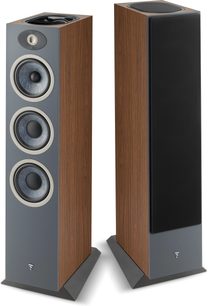 Focal Theva N°3-D valnøddetræ gulvhøjttalere, mørkegrå front, 3 højttalere, valnøddefiner, mørkegrå base
