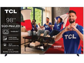 Televizor TCL 98C8L 98 palců, plochá obrazovka s tenkými rámečky s vizuálem fanoušků a Olivierem Giroudem
