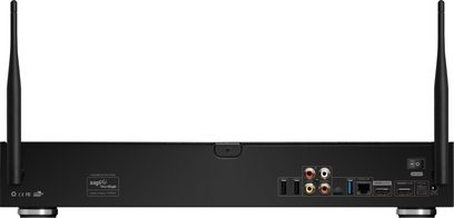 Zappiti Duo 4K HDR sort netværksaudioafspiller, frontvisning, to lodrette Wi-Fi-antenner på siderne