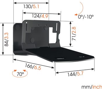 Drejelig og vippelig sort vægbeslag til højttaler, dimensioner i mm, rotationsvinkel 70° og vippevinkel 0°/-10°