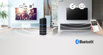Televizor Panasonic TX-65GZ950E conectat prin Bluetooth, afișând un grup muzical pe scenă și controlat de pe smartphone