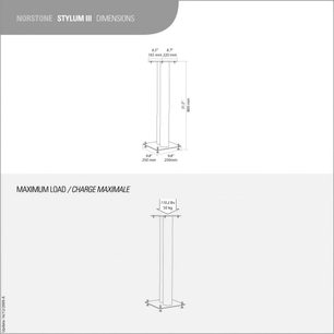 Підставка для аудіотехніки Norstone Stylum 3 чорна сатинова, розміри 6,5" x 8,7", максимальне навантаження 50 кг, технічний креслення з розмірами