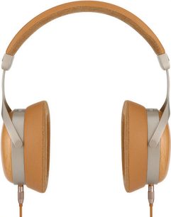 Sivga SV021 PRO hifi-hoofdtelefoon van voren gezien, met camelbruine hoofdband en oorkussens, oorschelpen met houtnerf en zilverkleurige beugels