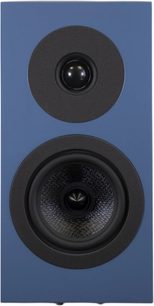 Reproduktor Davis Acoustics Courbet č. 3 modrý, pohled zepředu, obdélníkový kryt, 2 kulaté černé reproduktory