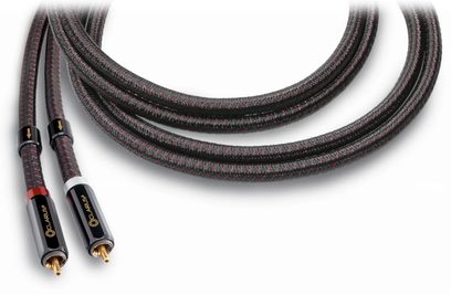 Clarus Crimson RCA analog lydkabel med to forgyldte stik, en rød ring og en hvid ring, sort flettet kappe