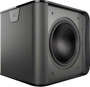 MartinLogan Depth 215 subwoofer i sort lak, set fra trekvart vinkel med synlig sidehøjttaler