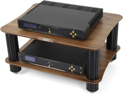 Specialfremstillet Cold Ray Base 225 hi-fi-møbel i træ, 2 sorte rum med sølvfarvede fronter, gyldne knapper