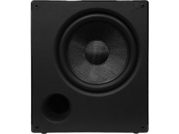 Önden görünüşlü siyah Sonance i8 subwoofer, ortada yuvarlak siyah ızgara, altta bass-refleks portu