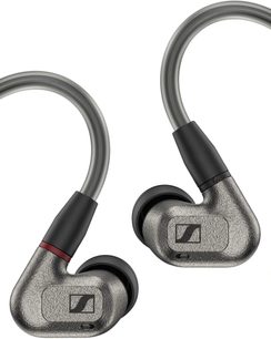 Sennheiser IE 600 in-ear hodetelefoner, metallgrå ørepropper, svarte øretupper, flettet kabel, frontvisning