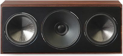 Paradigm Founder 70LCR noce centrale, vista frontale, 3 altoparlanti circolari neri su facciata in legno scuro rettangolare