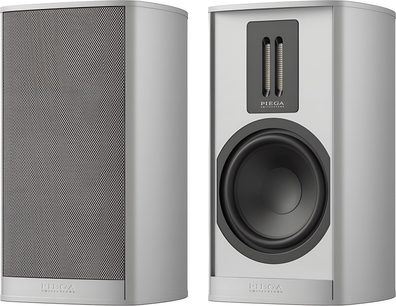 Piega Premium 301 Gen2 sølv stativhøyttalere, frontvisning, aluminiumskabinett med frontgrill og synlig høyttalerelement