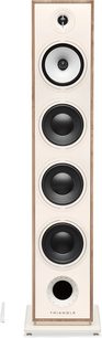 Enceinte colonne Triangle Borea BR09 chêne clair, face avant, 4 haut-parleurs circulaires alignés verticalement, tweeter au sommet