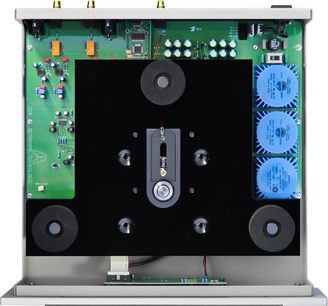 Metronome Teknologi CD8 USB sort CD-afspiller, forfra indvendigt syn, grønne printplader, elektroniske komponenter
