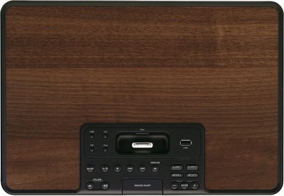 Yamaha TSX-130 Holz-Radiowecker in dunkler Holzoptik, Frontansicht mit LCD-Display, Tasten und USB-Anschlüssen auf der Vorderseite