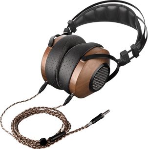 Åben hi-fi hovedtelefon Sivga SV023 i træ og sort metal, polstret hovedbøjle, flettet kabel med 3,5 mm jackstik, trekvartersperspektiv