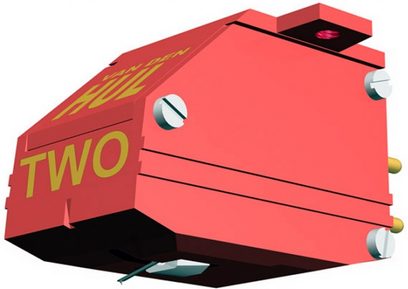 Van den Hul MC-TWO Special rød levende vinylpickup-celle, set fra 3/4 bagfra, med afrundet parallelepipedisk form