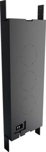 Zabudovateľný subwoofer Perlisten D3is z matnej čiernej ocele, pohľad zozadu pod uhlom 3/4, 3 priskrutkované okrúhle platne, zapustená reprosvorka