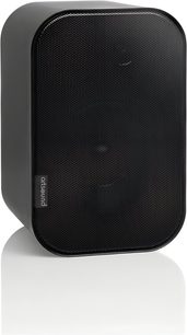 Altavoz hi-fi compacto ArtSound UNI30 negro, carcasa redondeada mate, rejilla metálica fina vista en tres cuartos