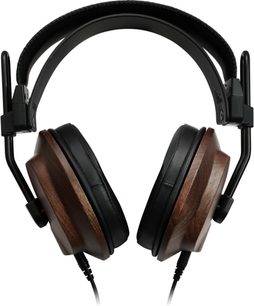 Fostex T60RP Mk2 hi-fi-hovedtelefoner med brune træskaller og sort hovedbøjle set forfra
