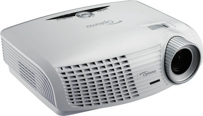 Optoma HD25-LV hvid videoprojektor, set forfra, ventilationsgitter, forskudt linse, logo øverst til venstre