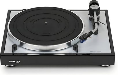 Thorens TD 403 DD sort lakeret pladespiller, set ovenfra, sort plade, tonarm med pickup, på sort sokkel