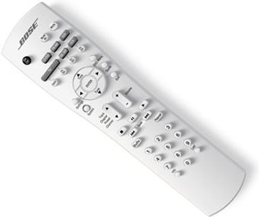 Hvid Bose Lifestyle 28-fjernbetjening, set forfra, sorte knapper med hvide tal og symboler